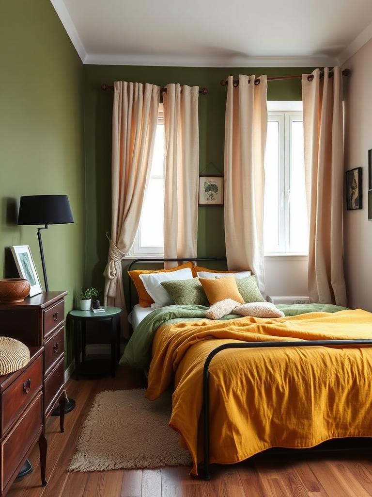 Quarto renovado com parede verde musgo e roupa de cama mostarda