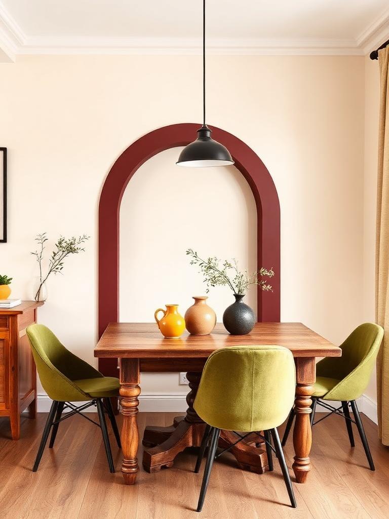 Sala de jantar com arco bordô pintado na parede e cadeiras verde musgo
