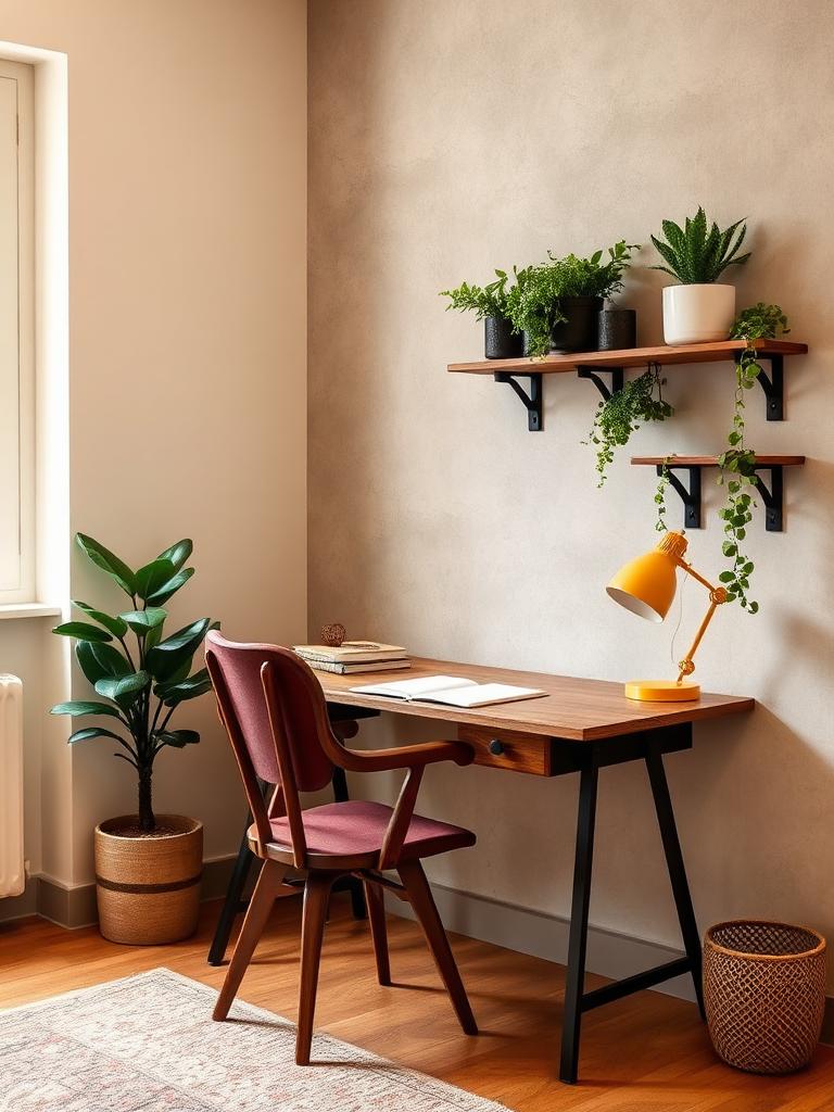 Home office com painel de cimento queimado e luminária mostarda